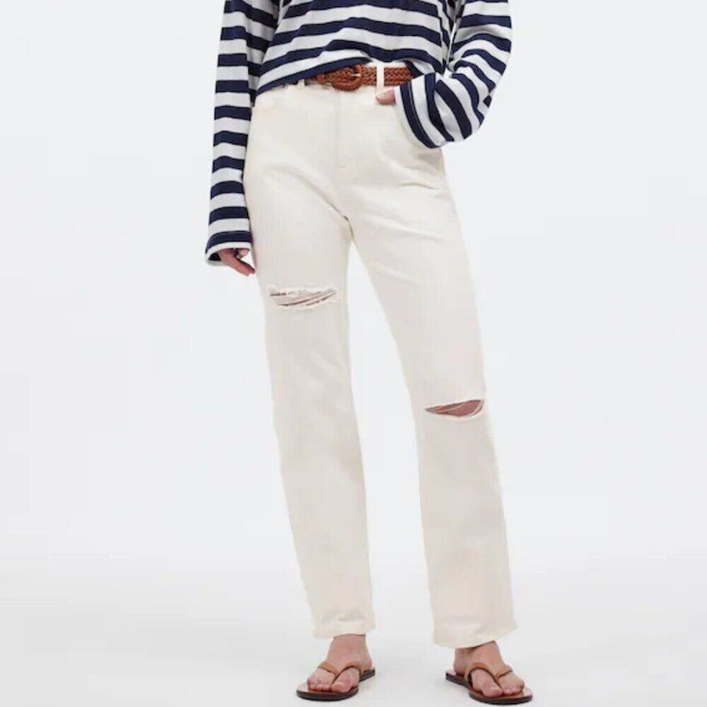 Madewell 90s Straight Jean Tile White SZ 26 NWT Distressed Ripped Cheeky Fit